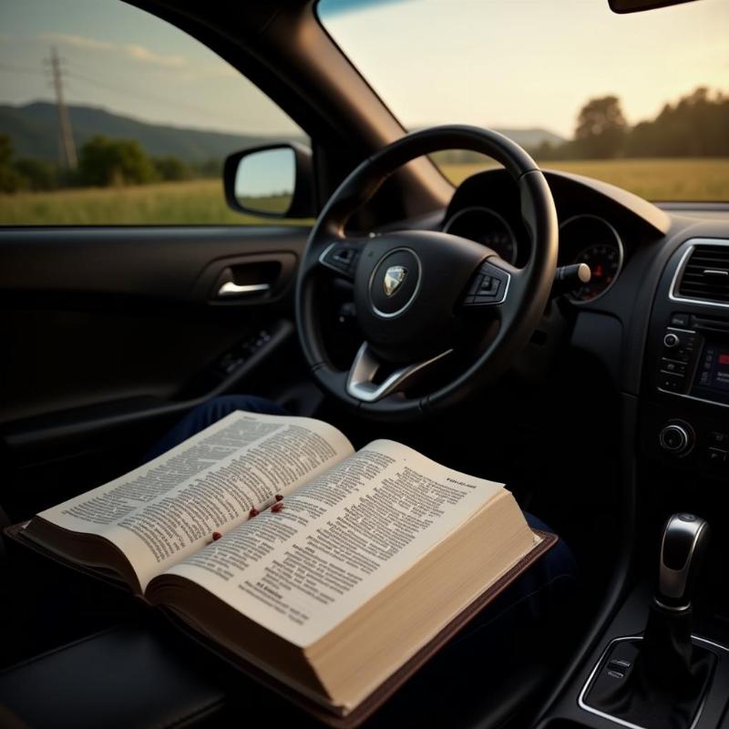 Open Bible resting on car steering wheel