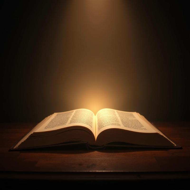 An open Bible rests on a church altar, bathed in ethereal light. 