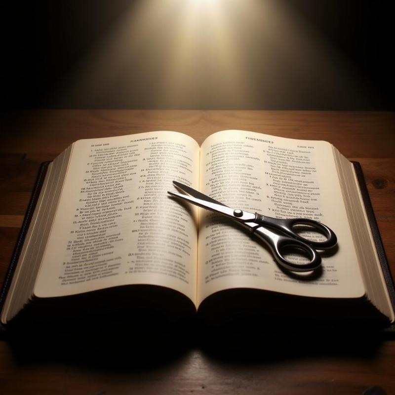 Open Bible with a Pair of Scissors Resting on Top