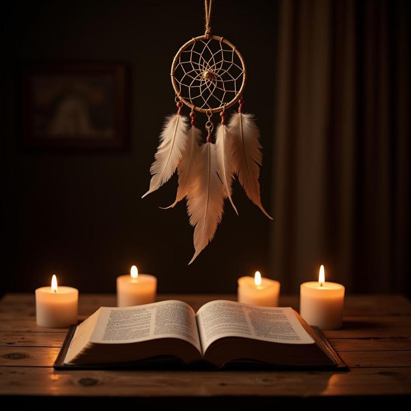 Open Bible with Dreamcatcher and Candles