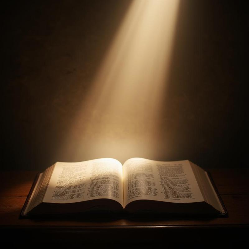 An open Bible with beams of light shining from above