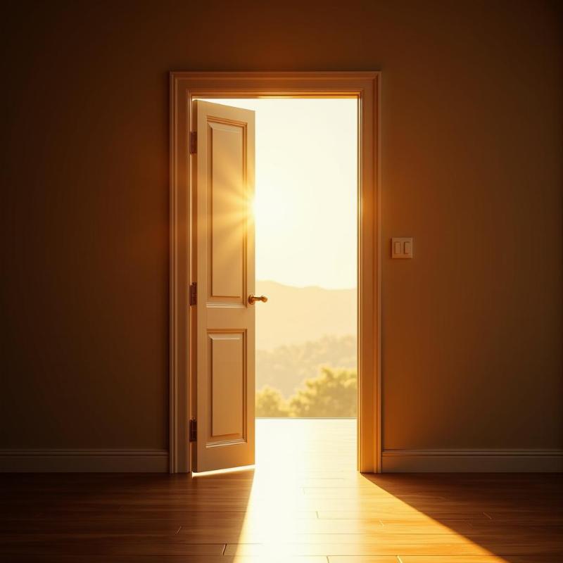 An open door bathed in warm, inviting sunlight.