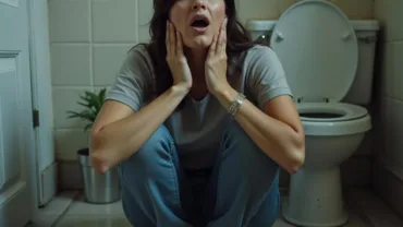 Woman overwhelmed by emotions looking at an overflowing toilet