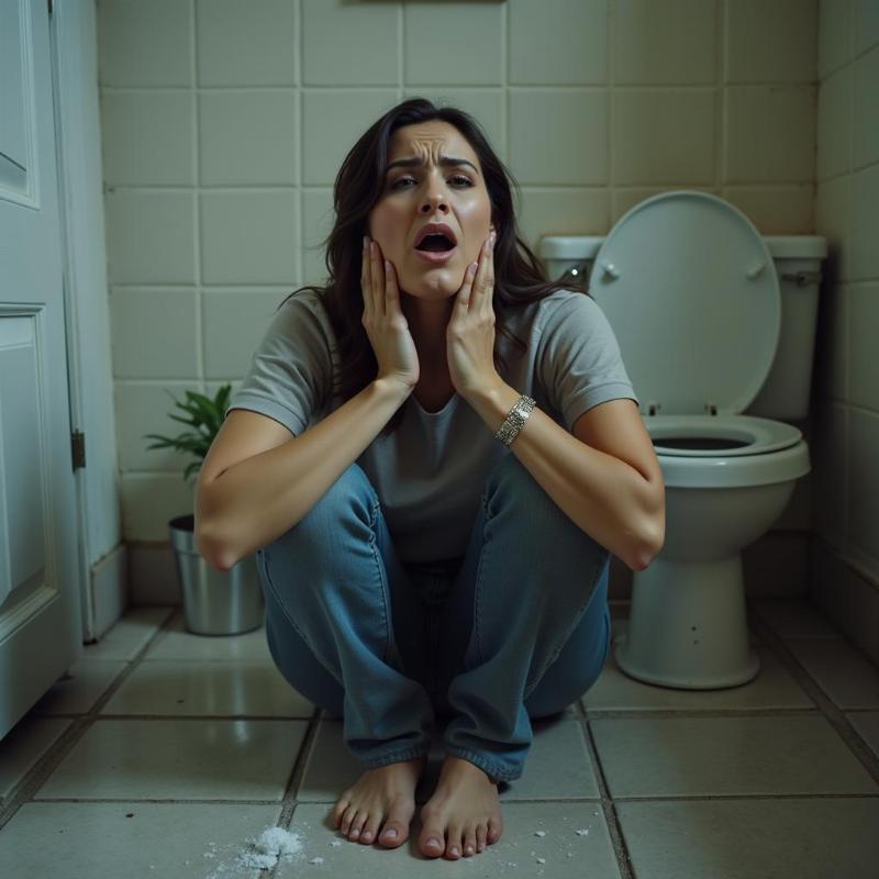 Woman overwhelmed by emotions looking at an overflowing toilet