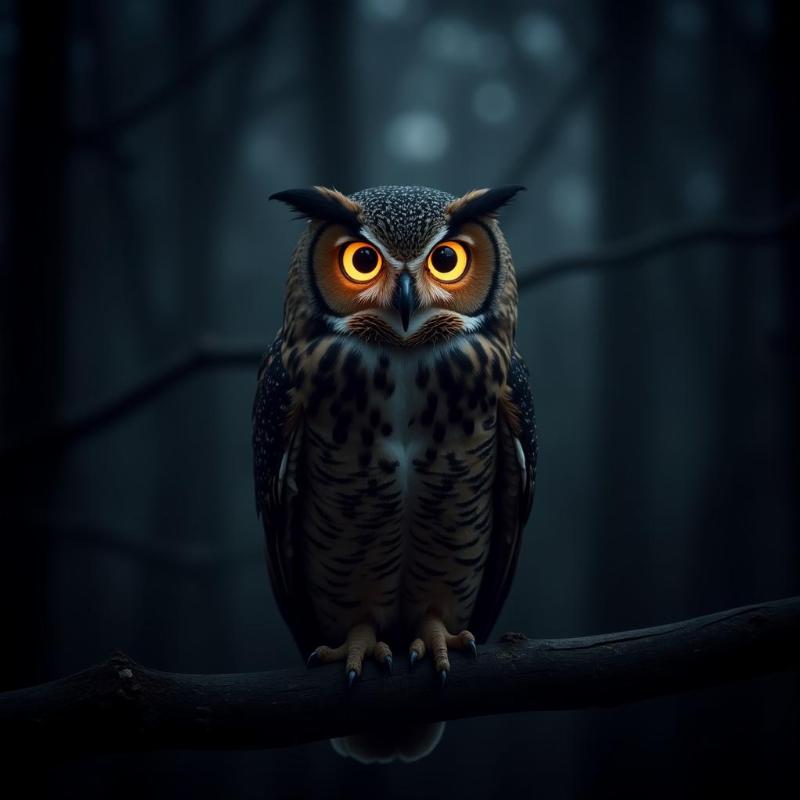 Owl perched on a branch at night