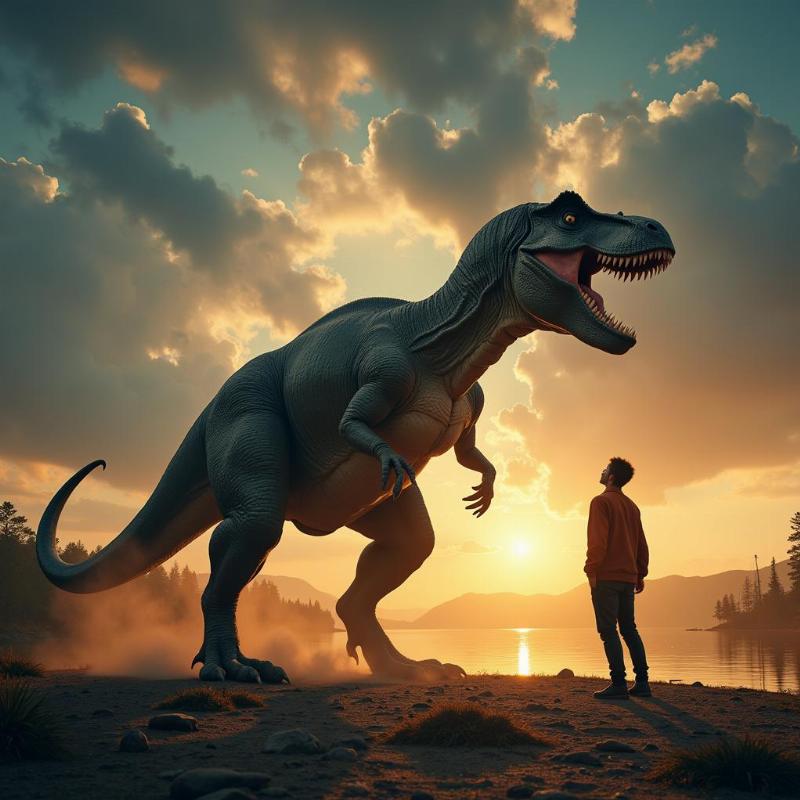 A person bravely standing their ground against a roaring dinosaur