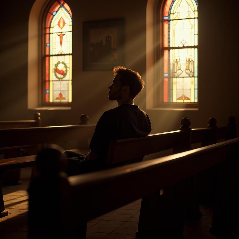 Person sitting alone in a church pew, deep in thought.