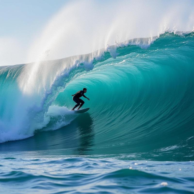 A surfer riding a giant wave