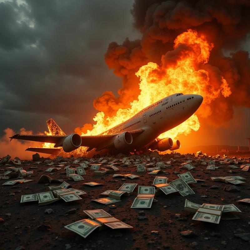 A crashed plane engulfed in flames with scattered money, symbolizing the dangers of material pursuits