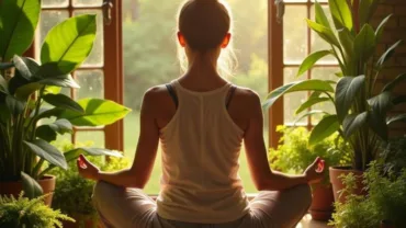 A woman meditates peacefully in a sunlit room, surrounded by lush plants and a journal.