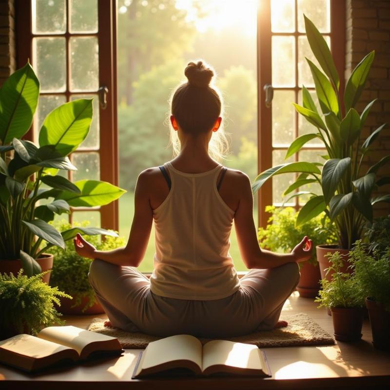 A woman meditates peacefully in a sunlit room, surrounded by lush plants and a journal. 