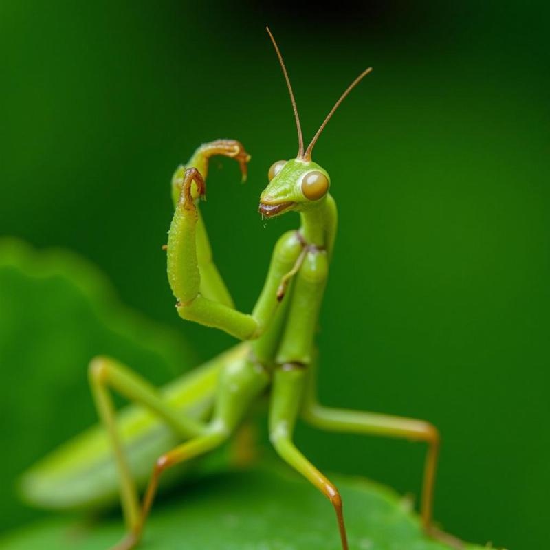 Praying Mantis on a Green Leaf