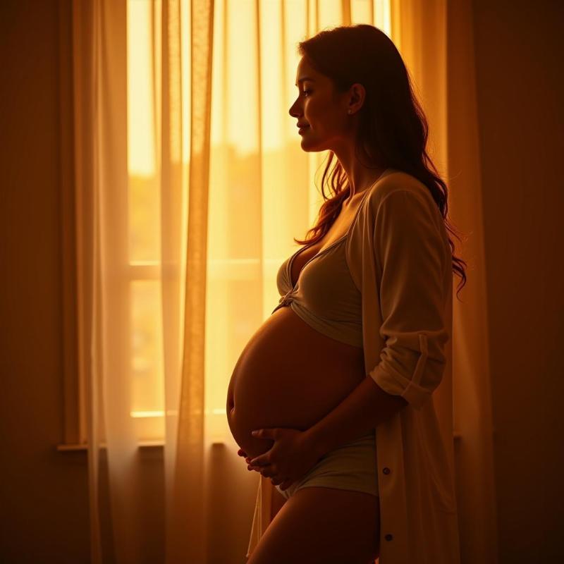 Pregnant woman with a peaceful expression bathed in warm light.