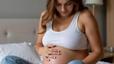 Pregnant woman holding her belly with a concerned expression