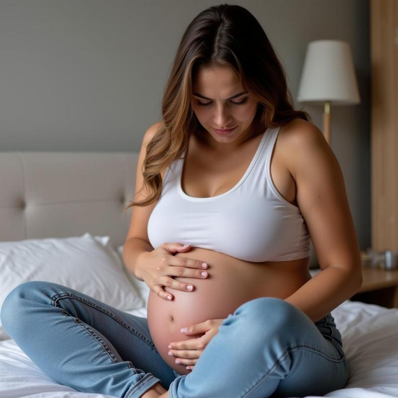 Pregnant woman holding her belly with a concerned expression