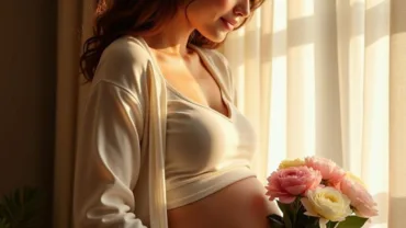 Woman Holding Flowers with a Pregnant Belly