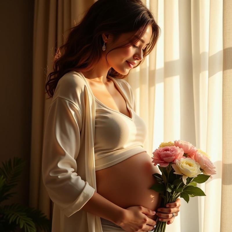 Woman Holding Flowers with a Pregnant Belly