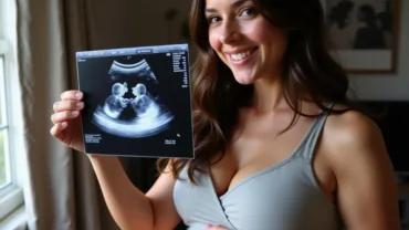 Woman holding a sonogram showing twins