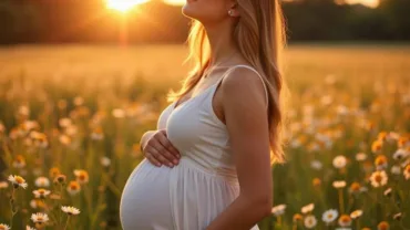 Woman standing in a field, bathed in sunlight, cradling her pregnant belly