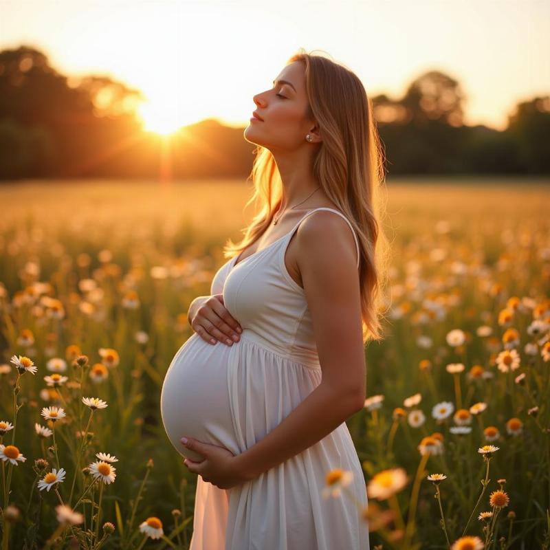 Woman standing in a field, bathed in sunlight, cradling her pregnant belly