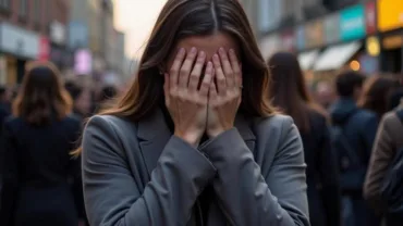 Woman hiding her face in shame in a crowded street, clutching her stomach