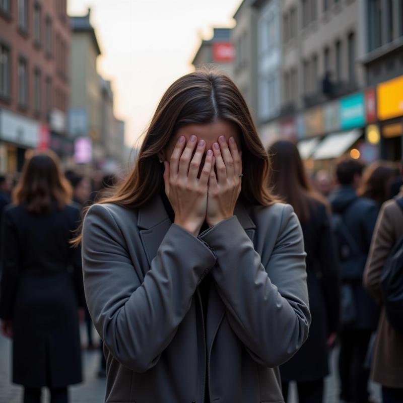 Woman hiding her face in shame in a crowded street, clutching her stomach