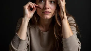 Woman with concerned expression pulling hair from mouth, open Bible in background