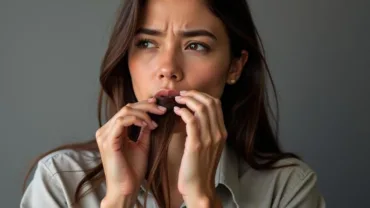 Woman Pulling Hair from Mouth