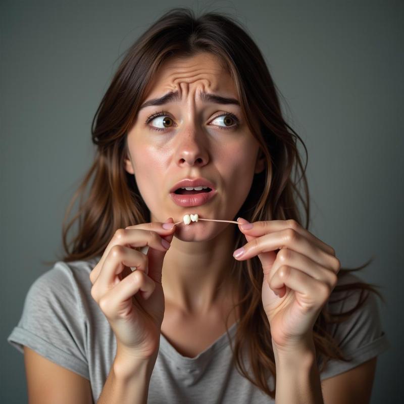 Woman struggling to pull a tooth out in a dream