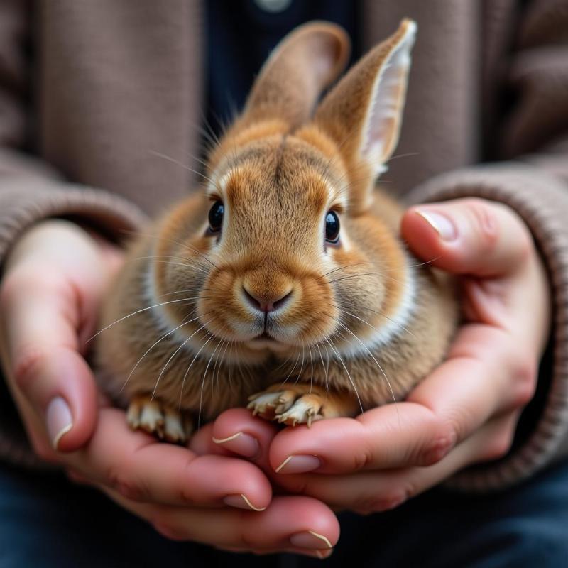 A person holding a rabbit gently