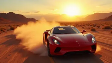 Red car speeding down an open road