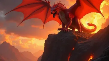 Red dragon breathing fire on mountain