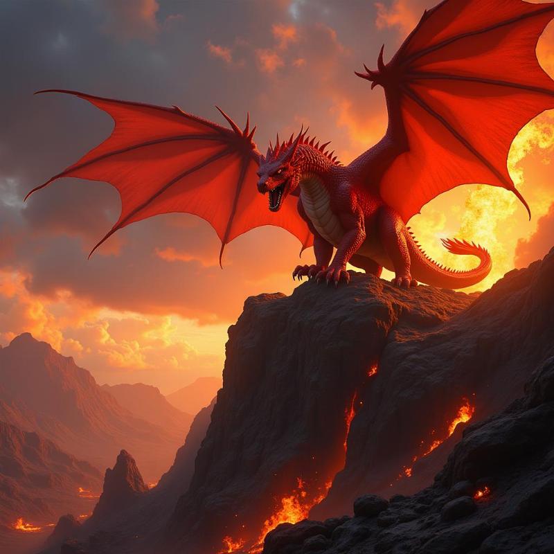 Red dragon breathing fire on mountain