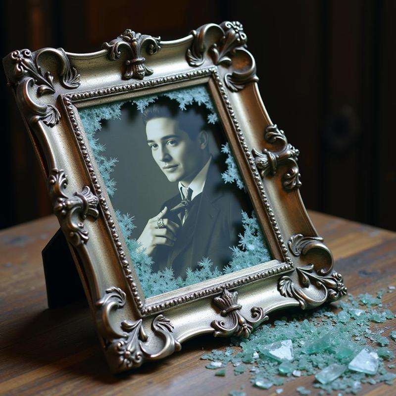 A picture frame lying broken with shattered glass on the floor