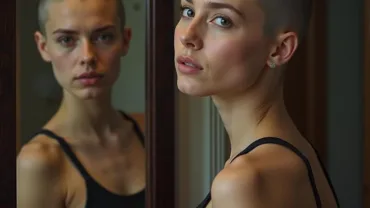 Woman Looking in Mirror After Shaving Head