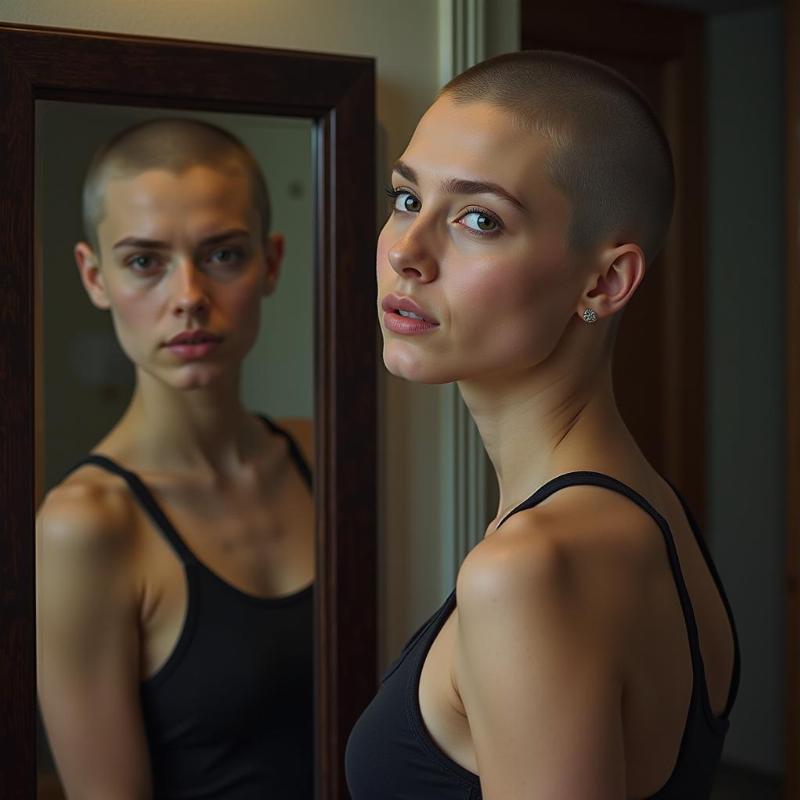 Woman Looking in Mirror After Shaving Head