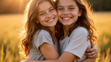 Two sisters hugging in a field