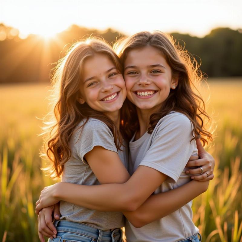 Two sisters hugging in a field