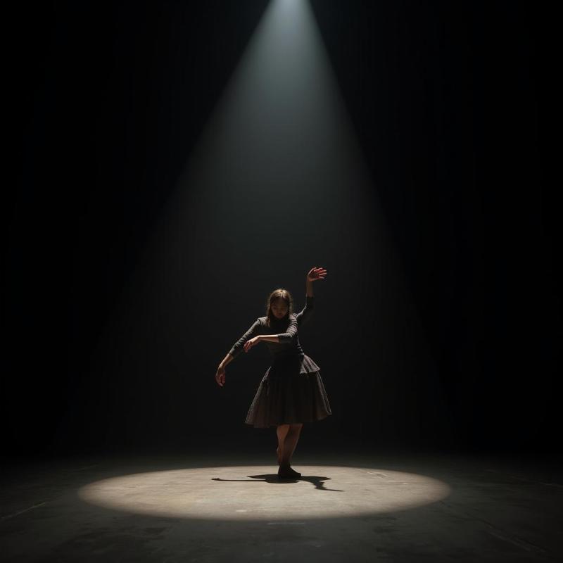 Lone figure dancing on a dark, empty stage