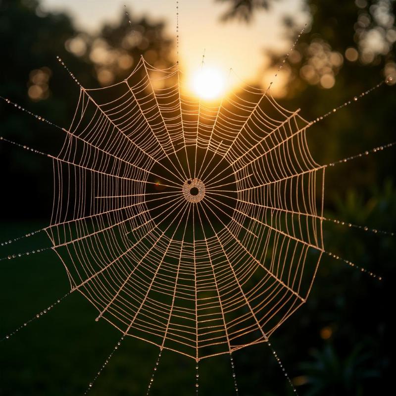 Spider web glistening with morning dew