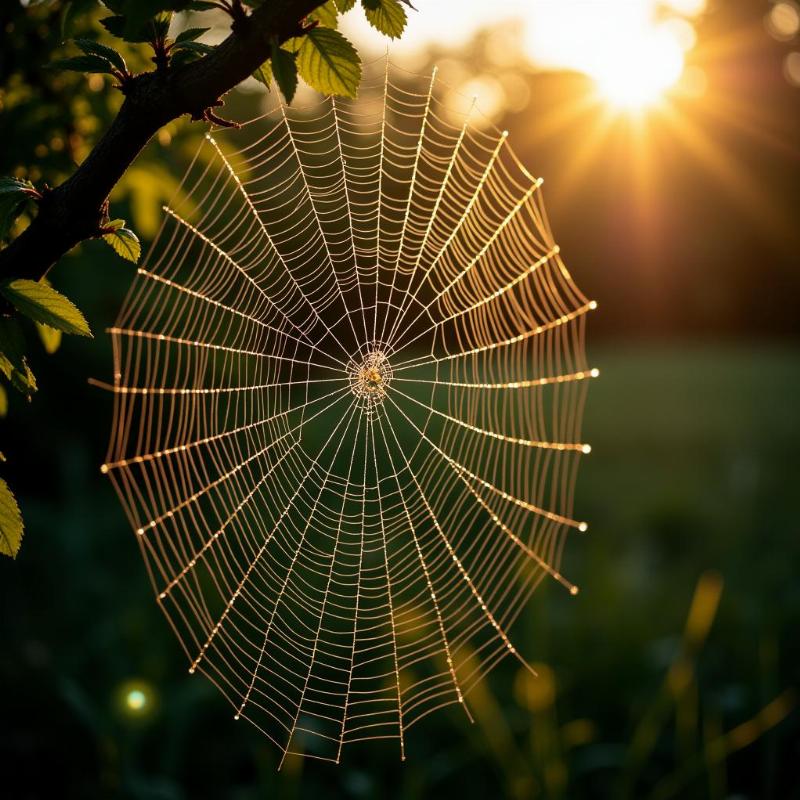 Spider web glistening in sunlight