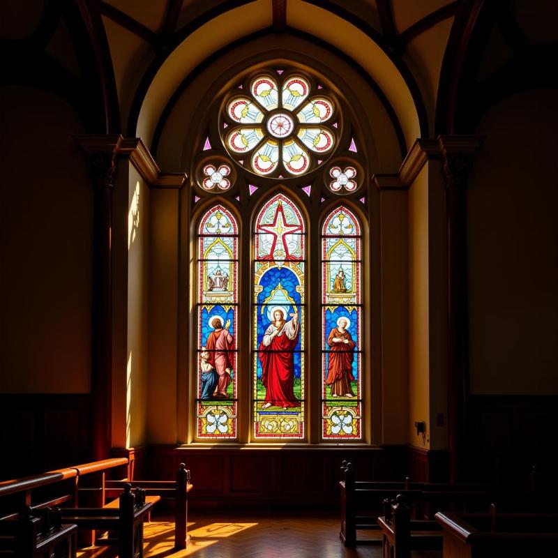 Colorful stained glass window depicting biblical scene