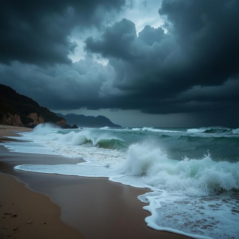 Stormy beach with large waves crashing