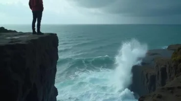 Man standing on the edge of a cliff, looking down at the turbulent sea below, symbolizing the feeling of being overwhelmed and contemplating drastic changes in a suicidal dream.