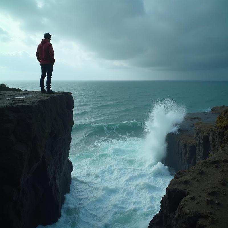 Man standing on the edge of a cliff, looking down at the turbulent sea below, symbolizing the feeling of being overwhelmed and contemplating drastic changes in a suicidal dream.