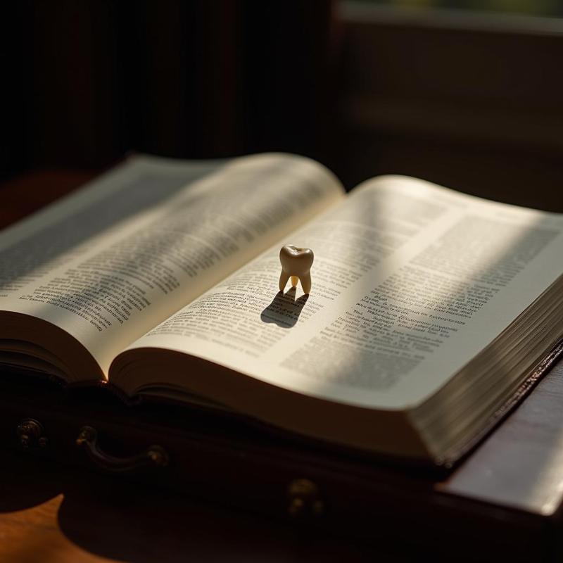 Open Bible with glowing light and a single tooth