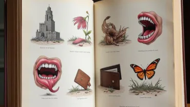 An open book with illustrations of teeth falling out, symbolizing the various interpretations and meanings associated with such dreams.