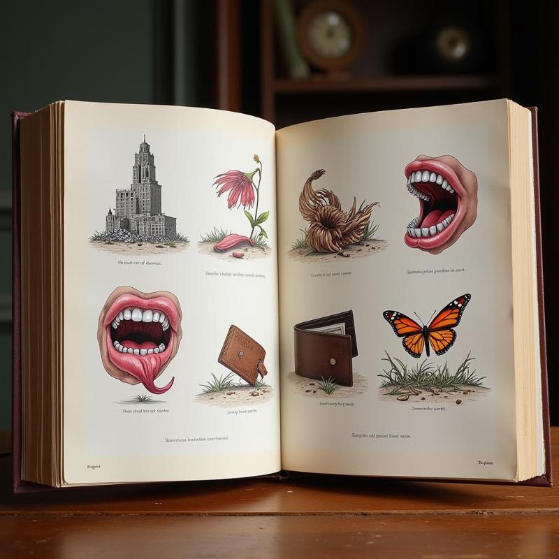 An open book with illustrations of teeth falling out, symbolizing the various interpretations and meanings associated with such dreams.