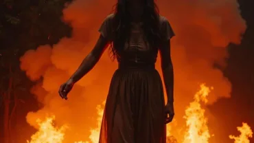 Woman trapped in fire, symbolizing guilt and self-punishment in a dream