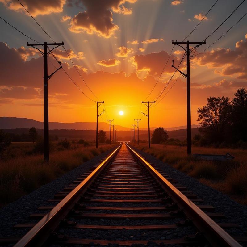 Train Tracks Leading Towards a Sunset